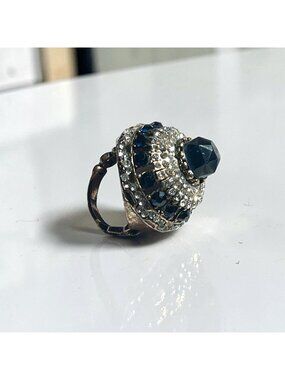 Vintage Dome Cocktail Ring With Blue & Clear Rhinestones Adjustable Fit Costume